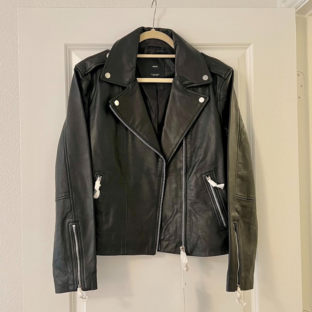 Mango Black Leather Moto Jacket, NEW